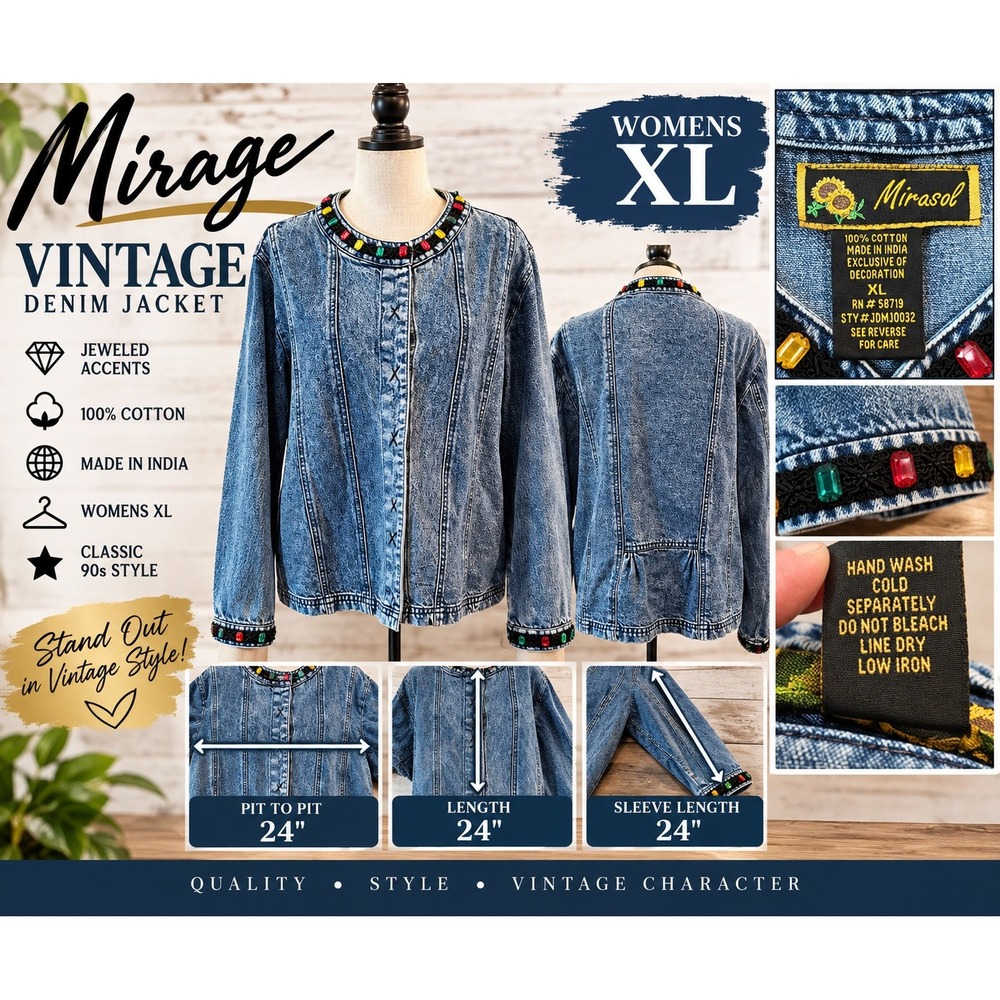 Mirasol Vintage Denim Jacket Womens XL Blue Acid Wash Jeweled Accents JDMJ0032
